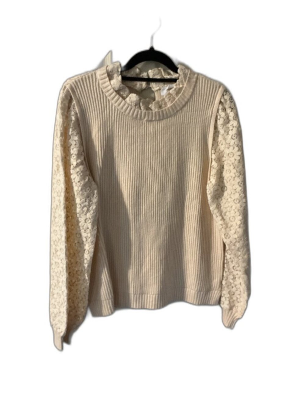 Anniewear Cream Ribbed Knit Sweater Floral Lace Balloon Sleeves